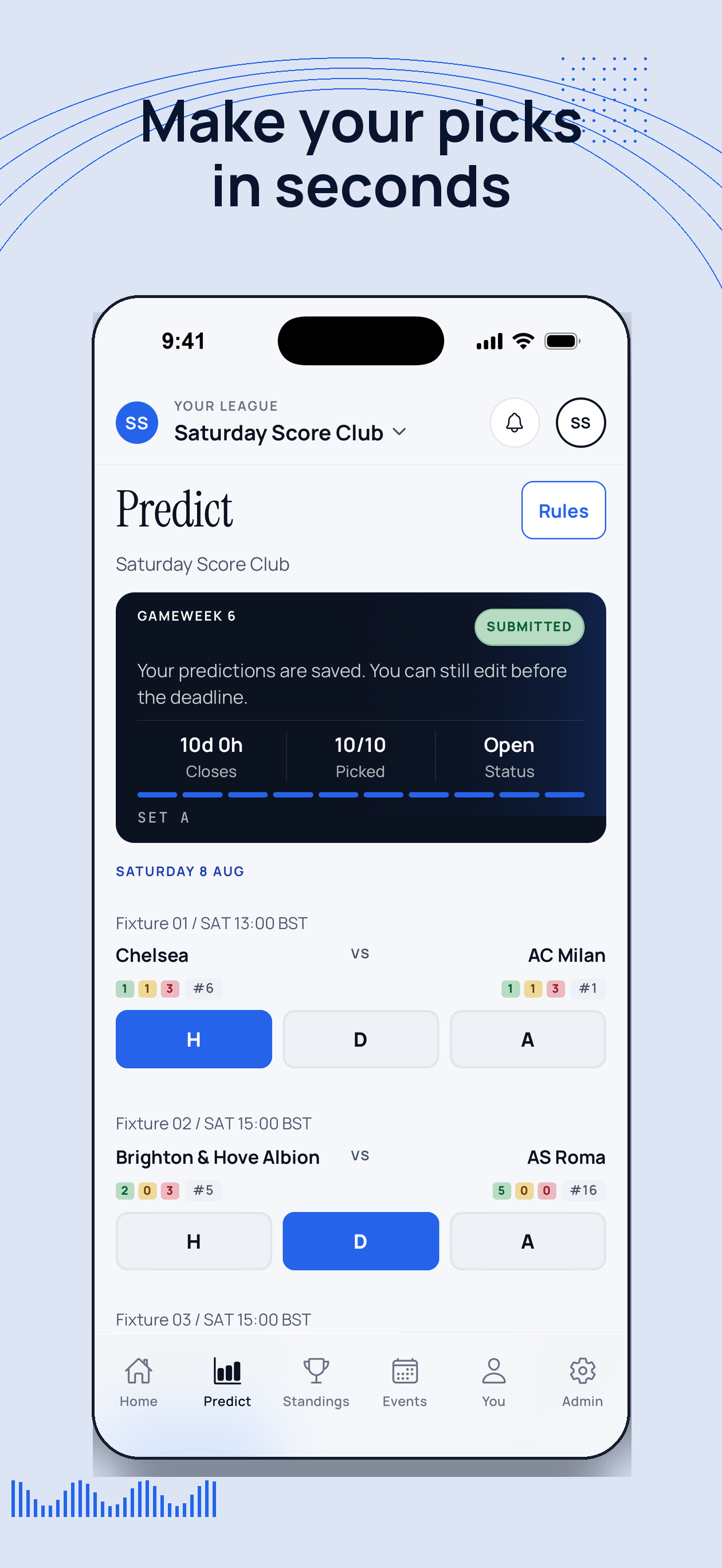 ScoreSocial mobile prediction screen with a submitted gameweek and fixture pick controls